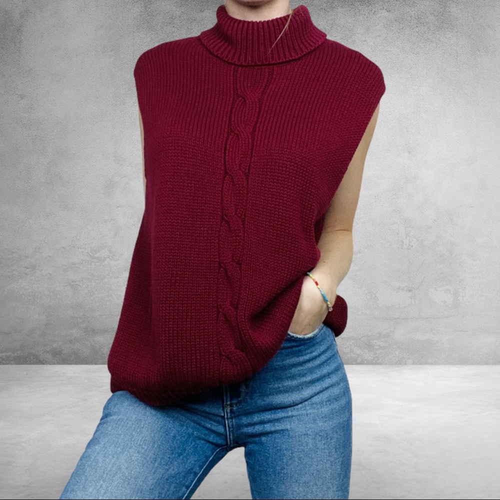 VINTAGE | Eddie Bauer Burgundy Chunky Cable Knit Turtleneck Preppy Sweater Vest